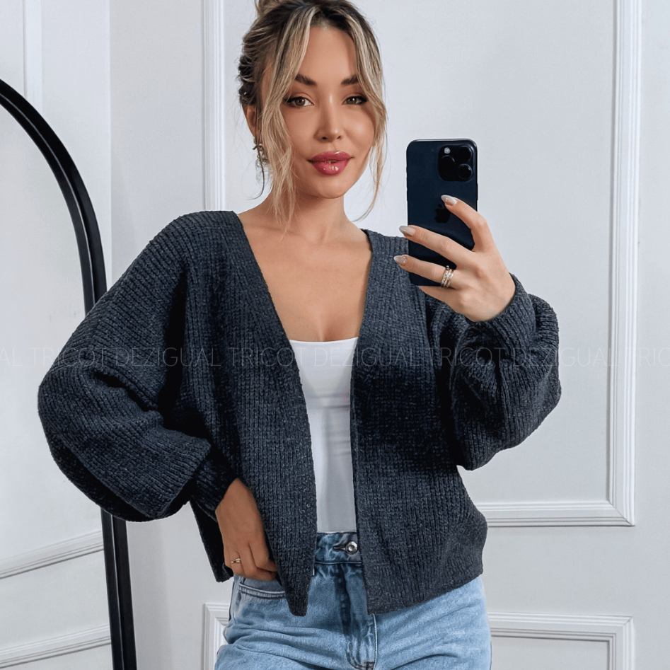 Casaco Curto Cardigan De Tricot Feminino Manga Lon