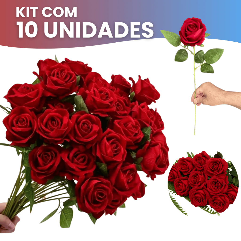 Kit 10 Rosas Artificial Aveludada 50cm Vermelha In