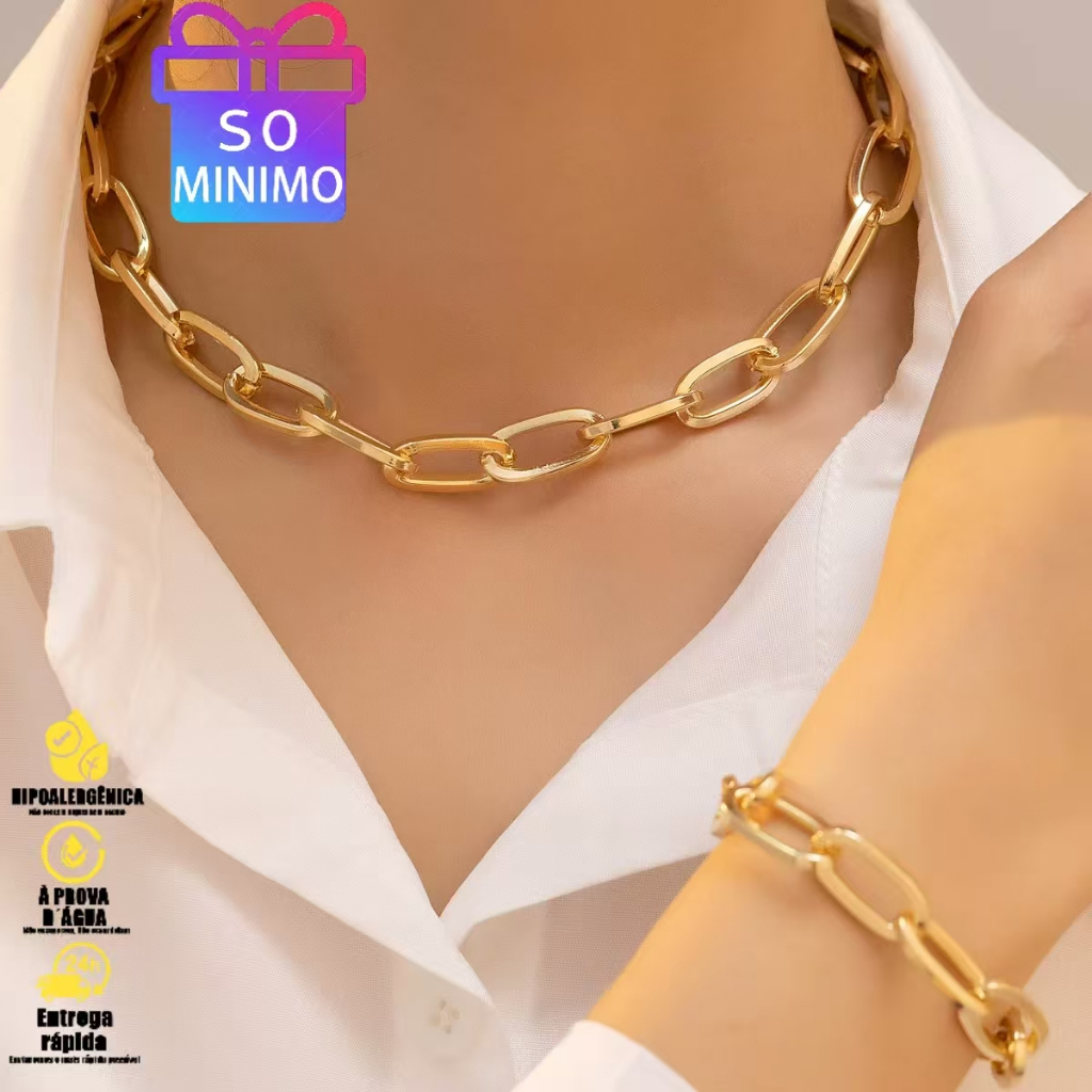 Conjunto Feminino Dourado: Colar e Pulseira com Co