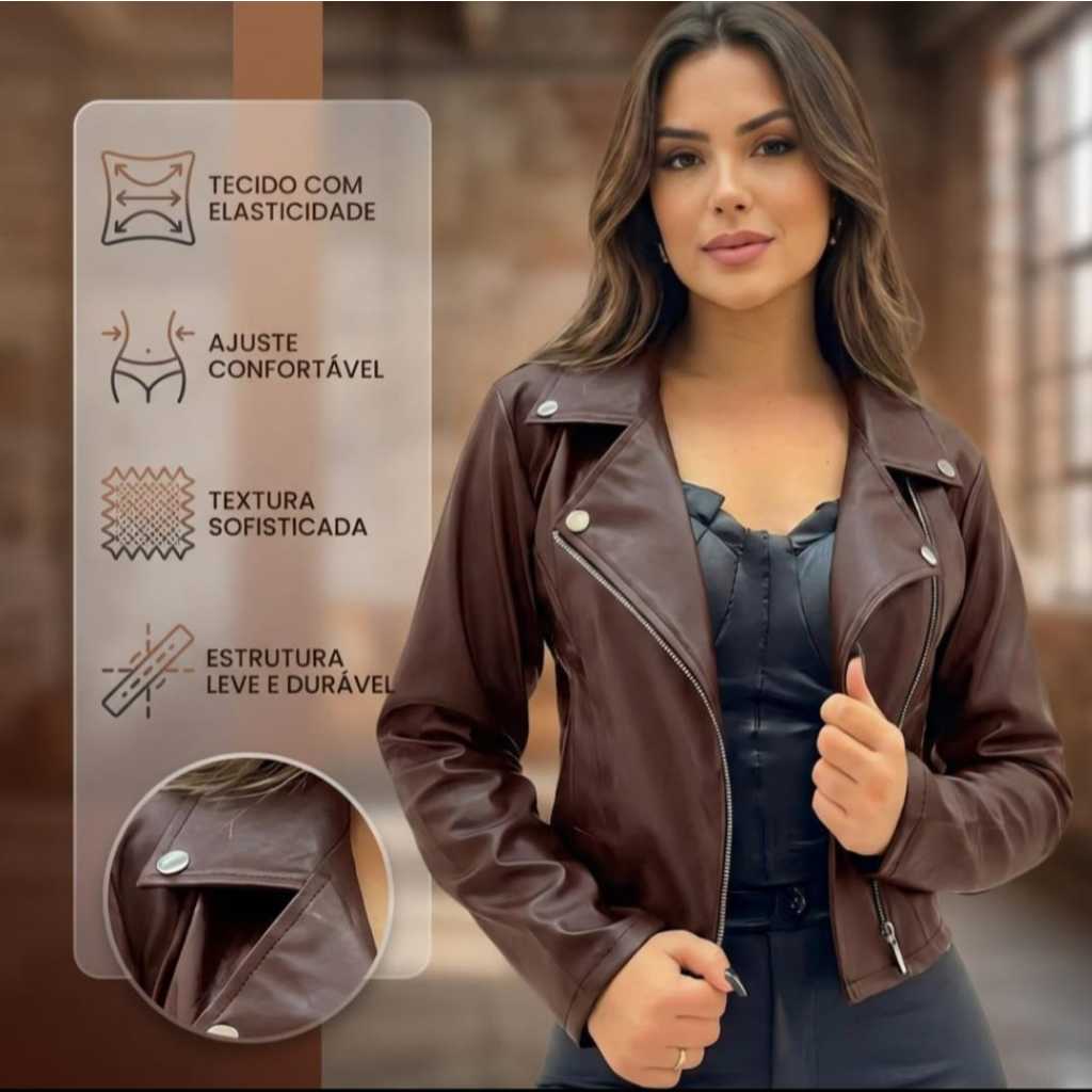 Jaqueta Feminina Com Ziper De Couro Premium Invern