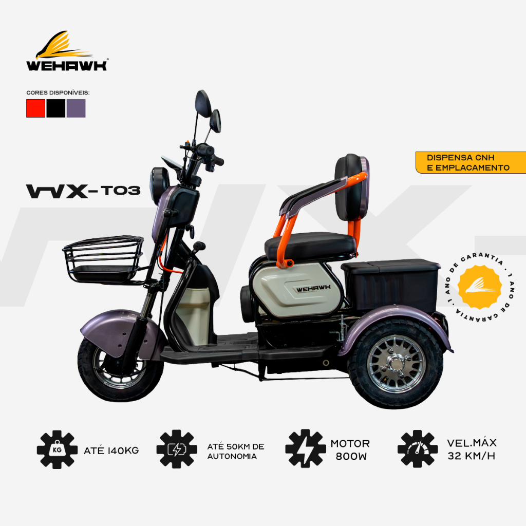 Triciclo Elétrico 3 Lugares Wehawk WX-T03 Motor 8