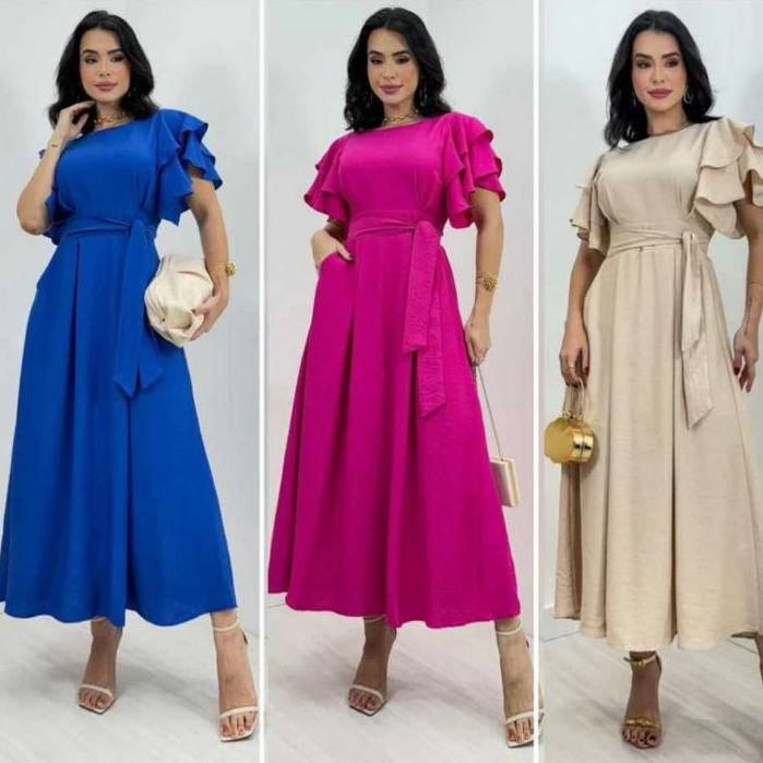 Vestido Feminino Manga Babado Detalhe Lastex na Co