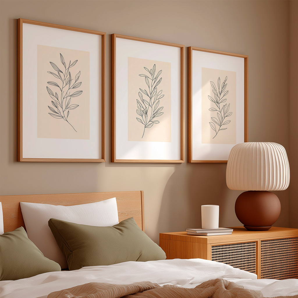 Kit 3 Quadros Decorativo Galhos Desenhados Fundo C