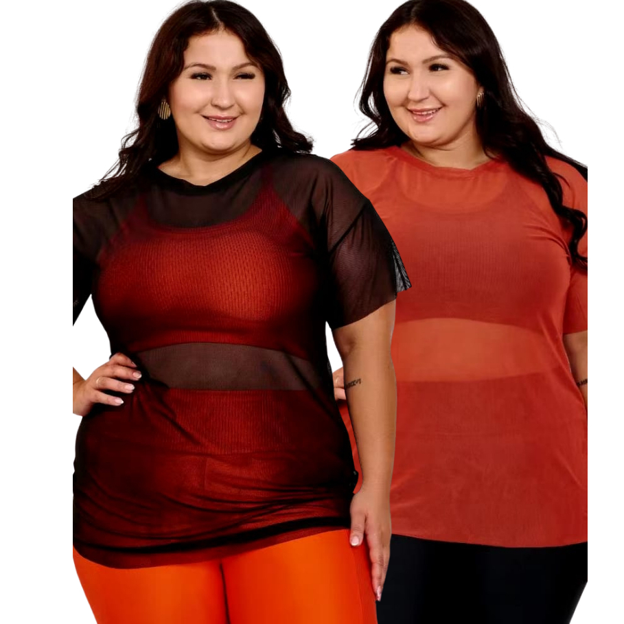 Kit 02 Blusa Feminina Plus Size de Tule Academia T