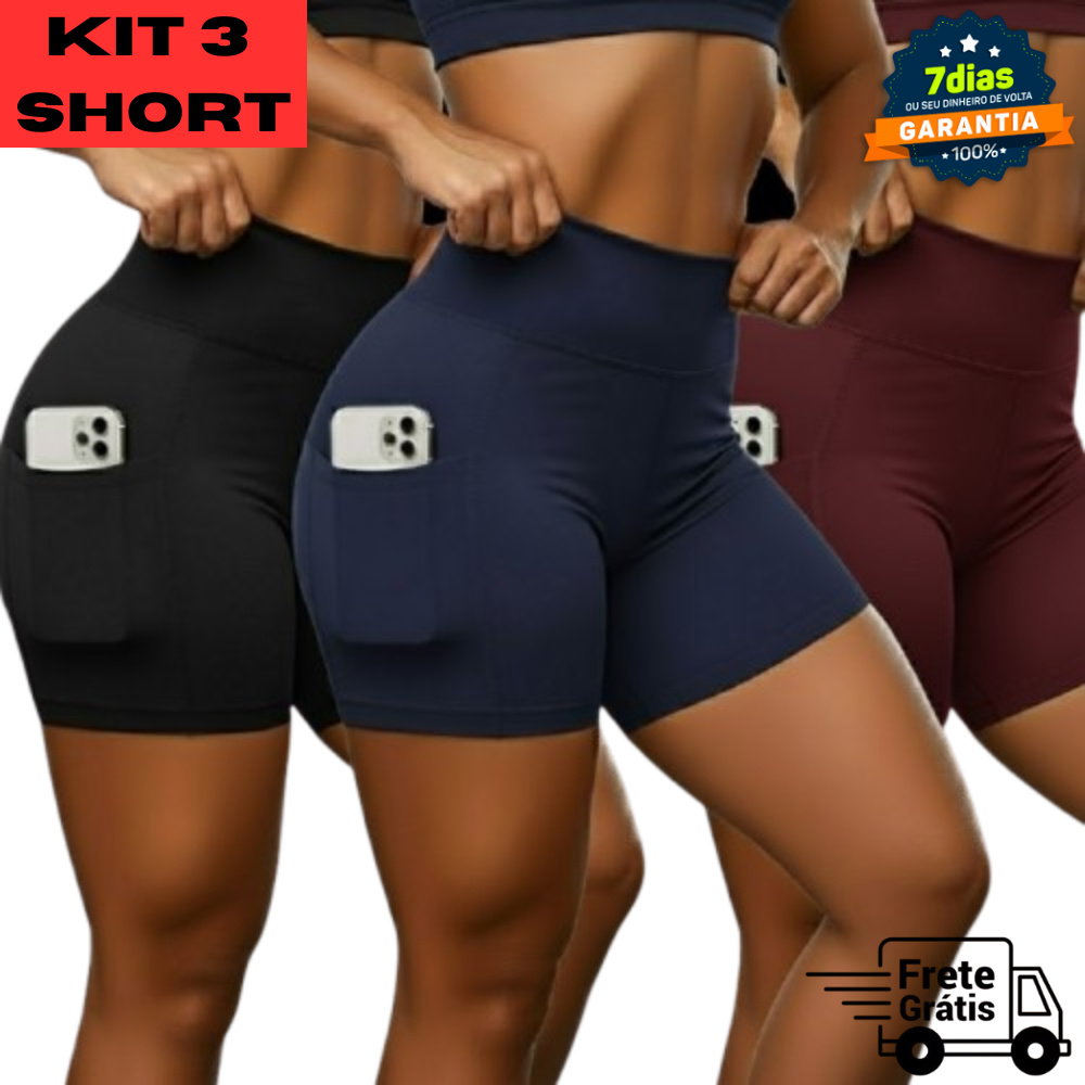KIT 3 SHORT ACADEMIA FEMININO SUPLEX COM BOLSO Cin