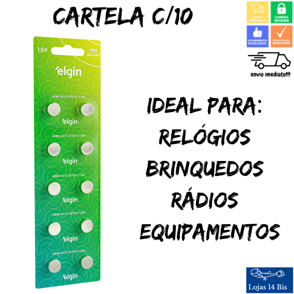 10 Pilha Bateria LR44 AG13 LR1154 1 Cartela c/ 10 