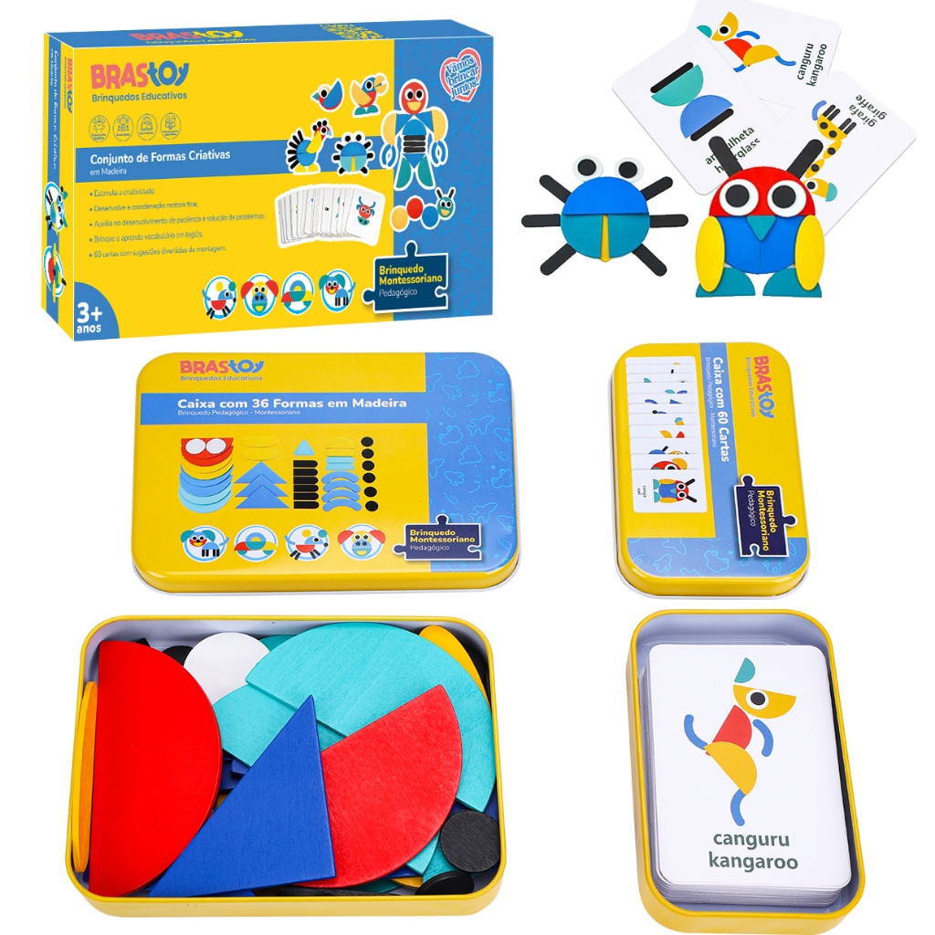 BRASTOY Wooden Shape Puzzles (36 blocos e 60 carta