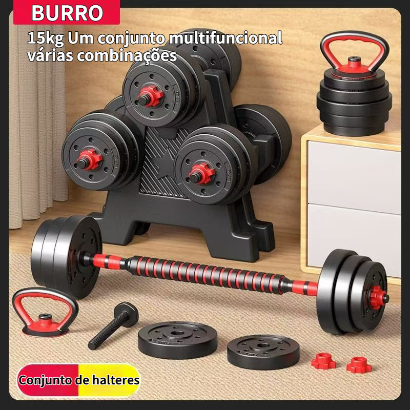 15kg Kit Halteres Barra Kettlebell 6 em 1 Peso Mus