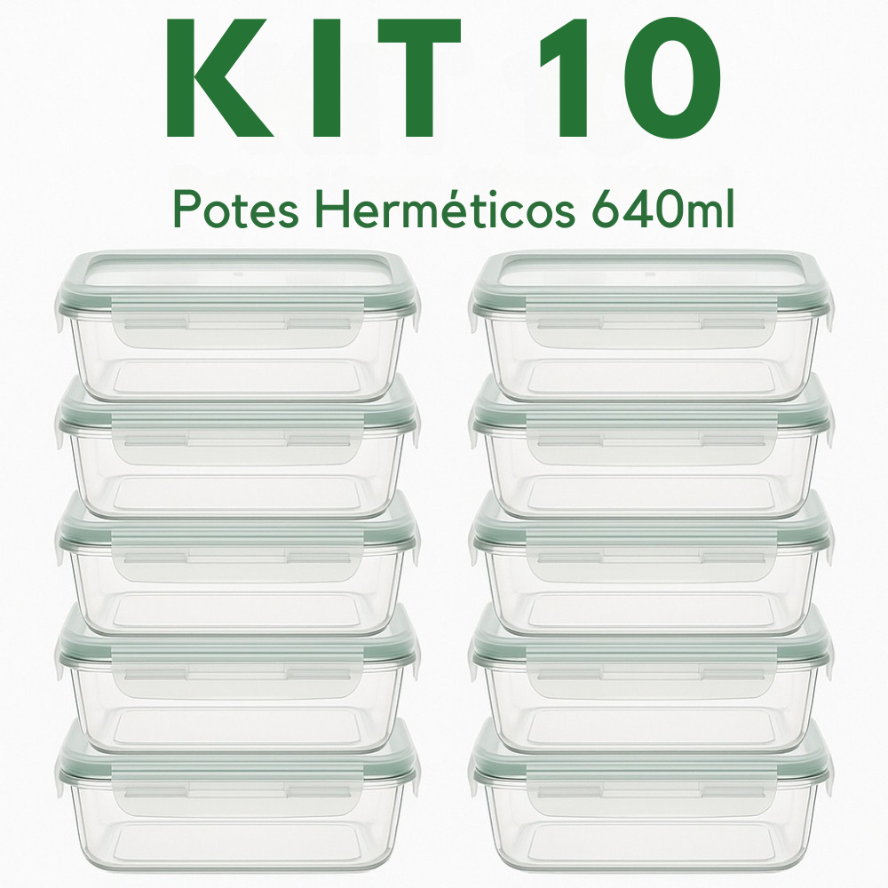 KIT 10 POTES HERMETICOS VIDRO 4 TRAVAS CONJUNTO MA