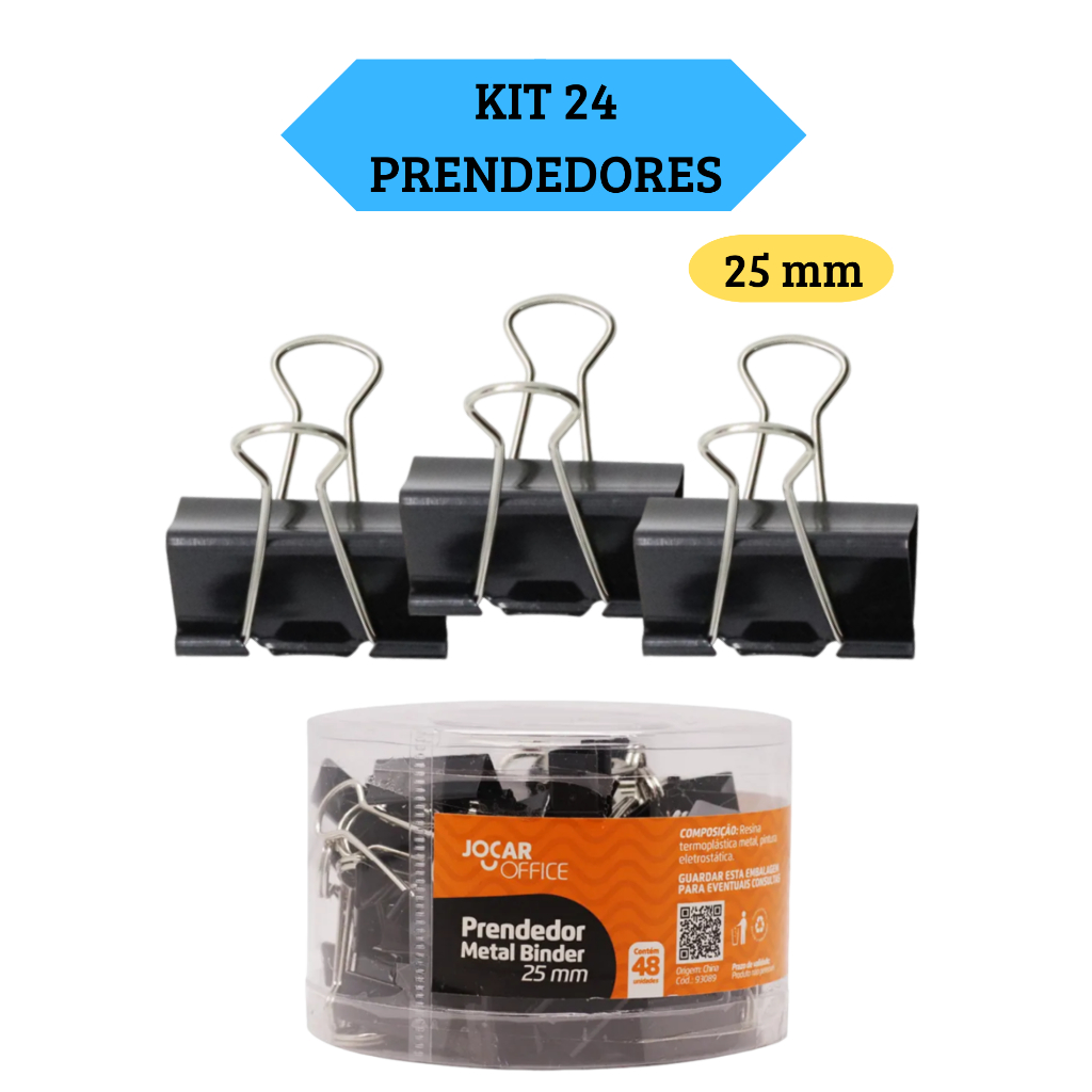 Kit 24 Prendedores Metal Binder Preto 25Mm Jocar O