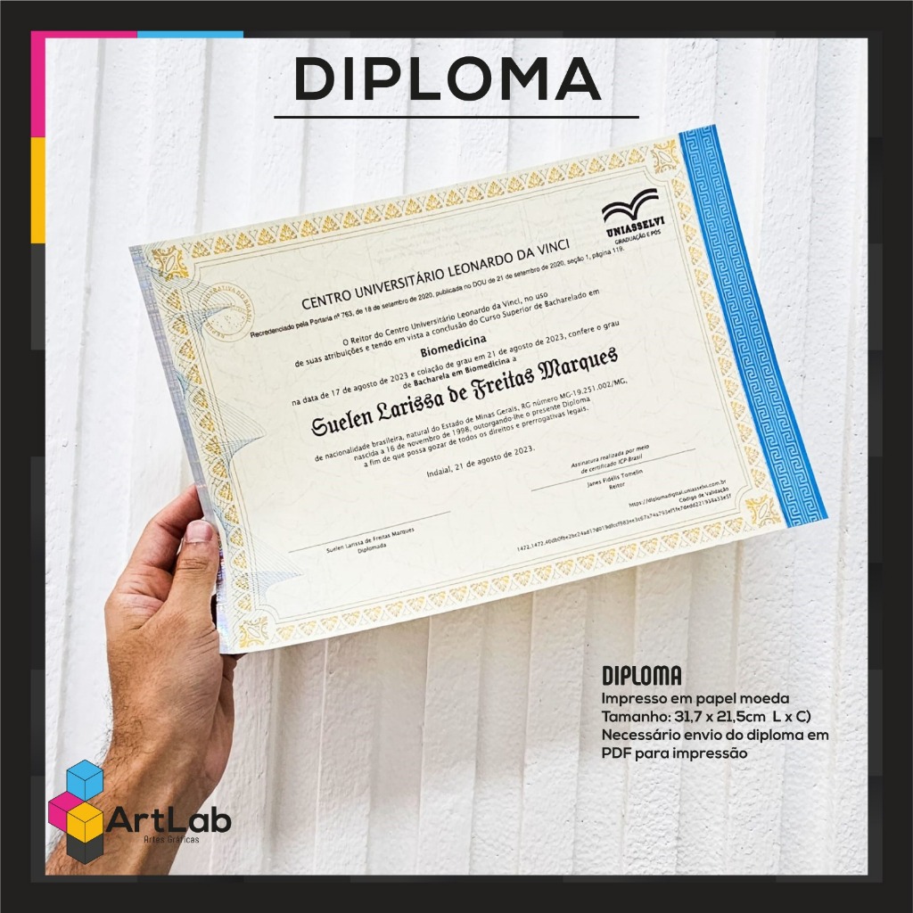 Diploma em Papel Moeda Cinza com Borda Azul