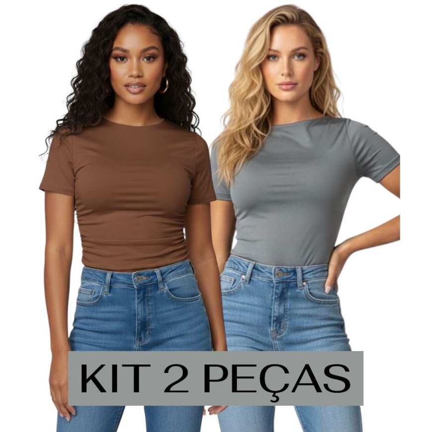 KIT 2 Baby Tee Feminina Blusa Slim Fit Manga Curta