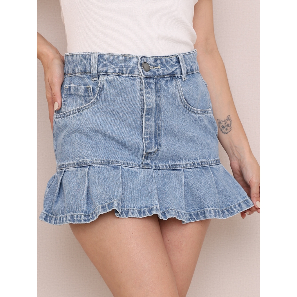 Mini Saia Jeans com Babado Cintura Alta Blogueira 