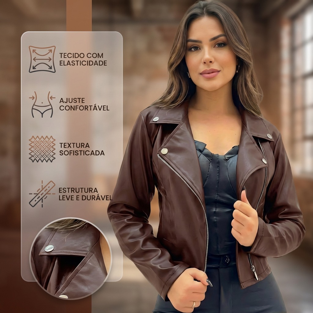 Jaqueta De Couro Feminina Com Ziper Inverno Elegan