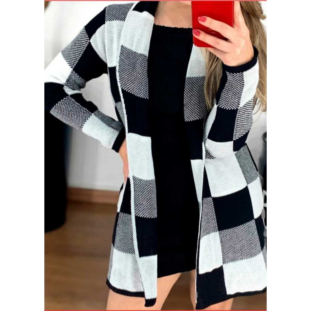 Casaco Xadrez Cardigan Tricot Lã Max Kimono de Fr