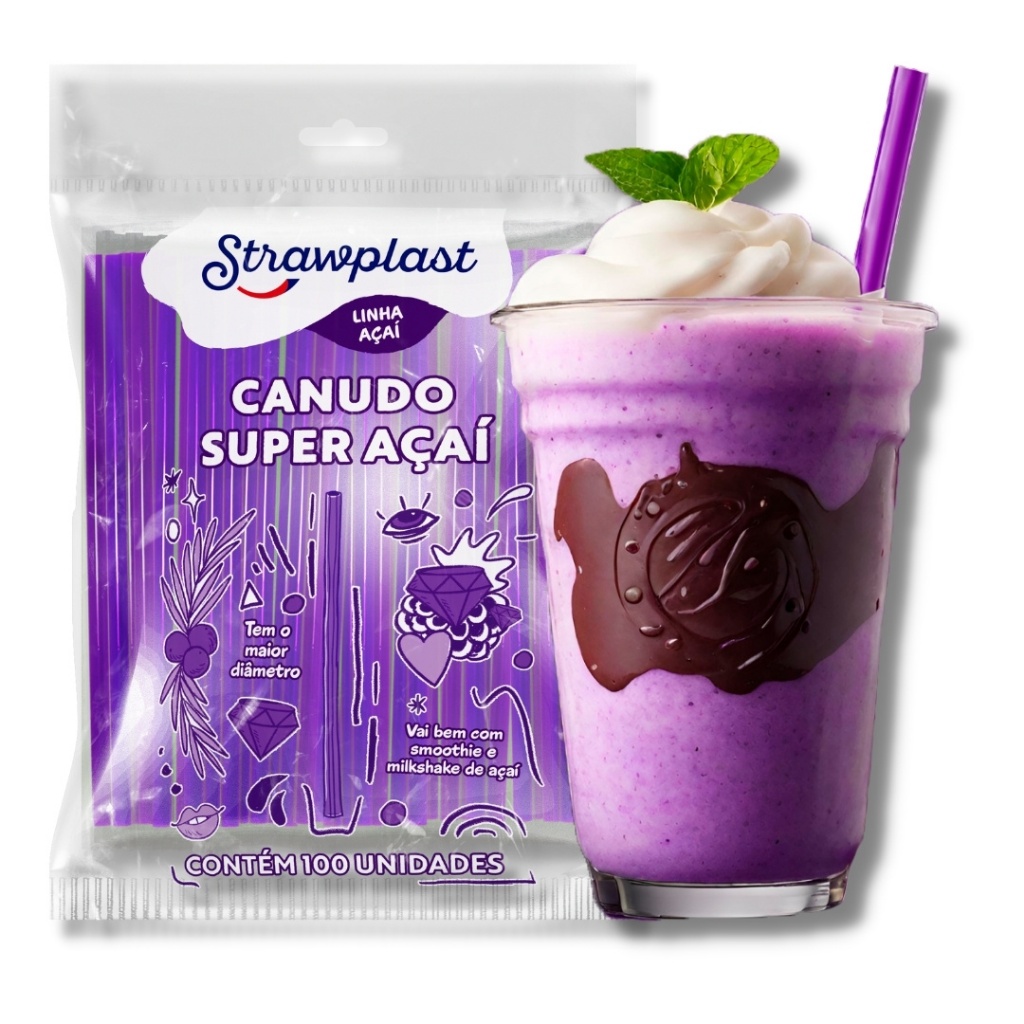 Canudo Super Açaí 10mm Roxo 100 Un Bebidas Espes