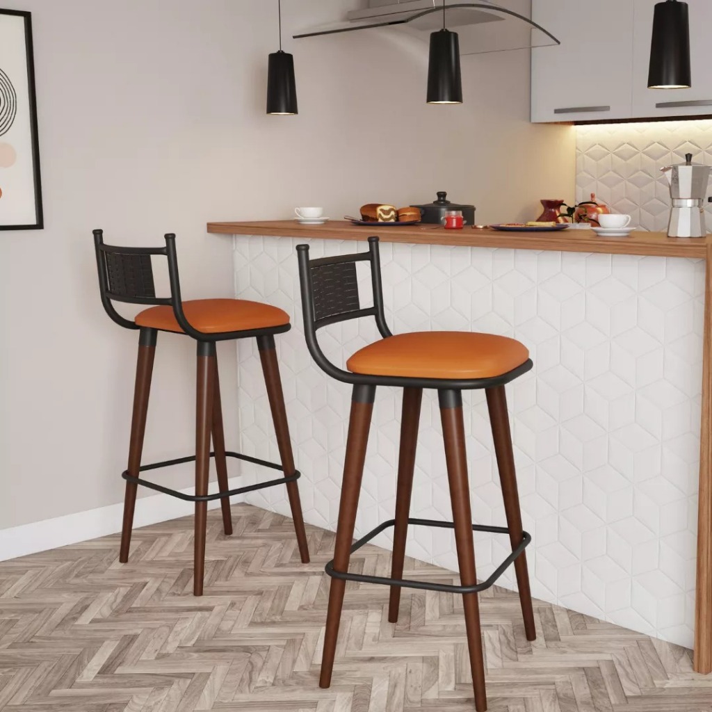 Kit 2 Banquetas Alta com Pés de Madeira para Balc