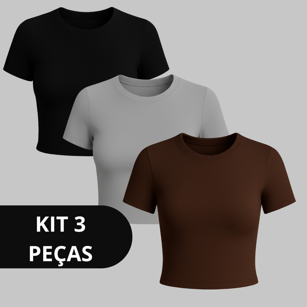 Kit 3 Baby Tee Slim Fit Feminina  Blusa Suplex Aca
