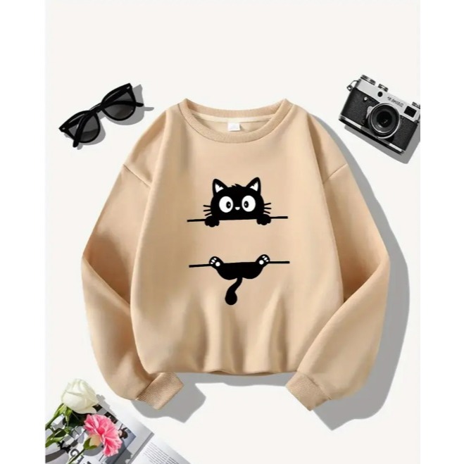 Moletom Gola Redonda Feminino Gato Preto Moda Inve