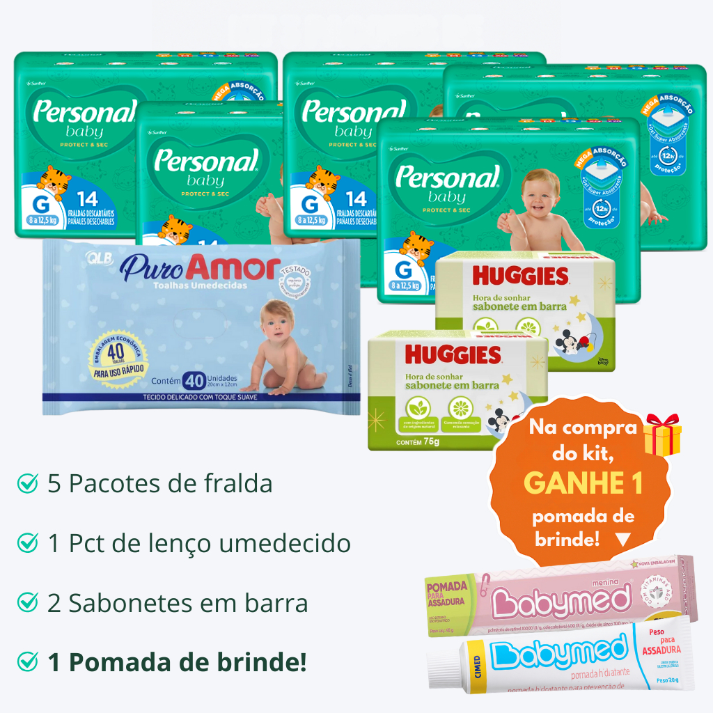 Kit 5 Pacotes Fralda Personal Baby + 1 Lenço Umed