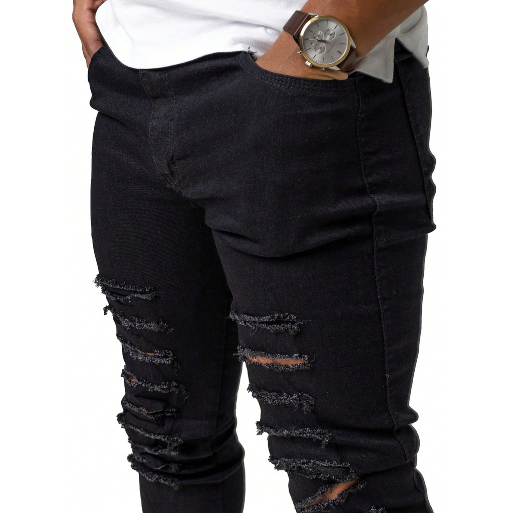 Calça Masculina Rasgada Slim Adulto Preta Barra F