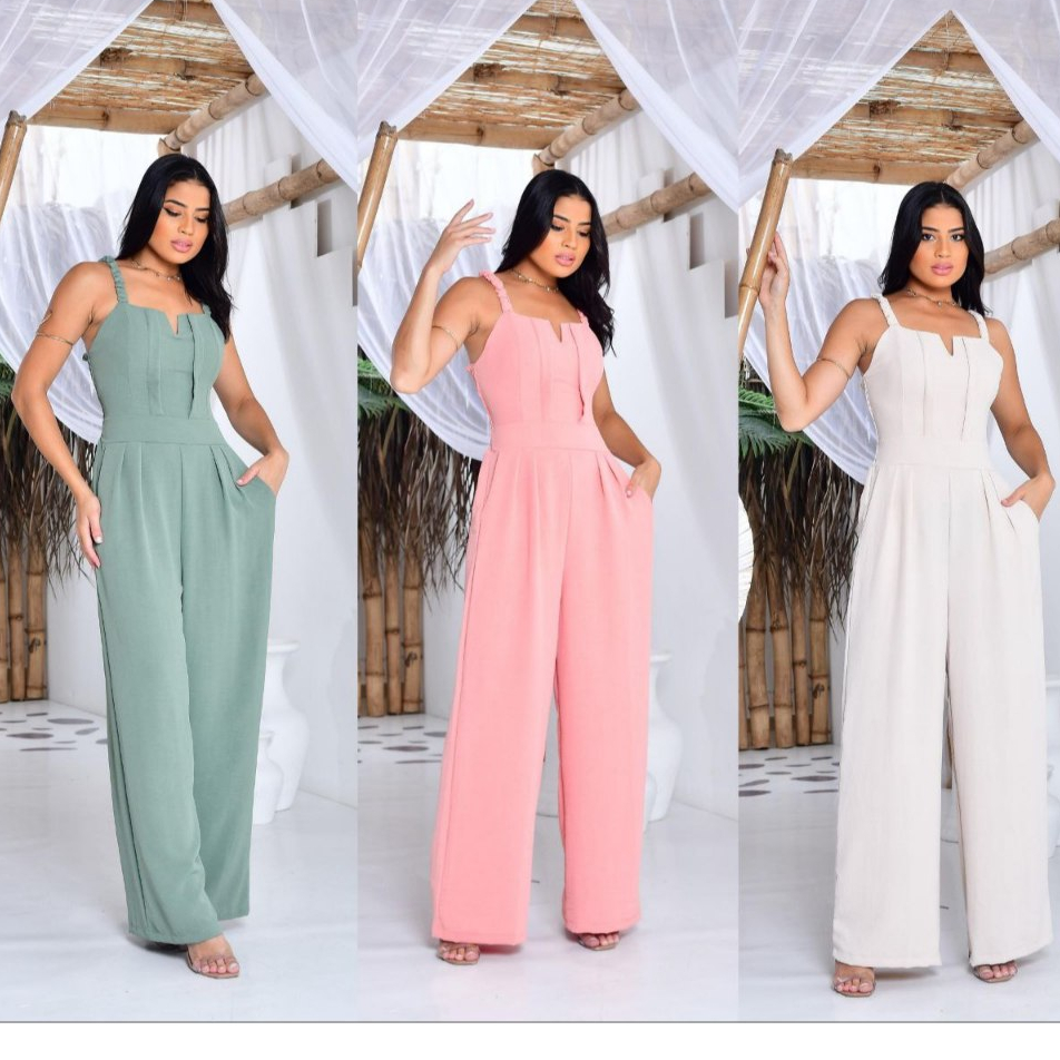 MACACÃO FEMININO LONGO PANTALONA  EM TECIDO DUNA 