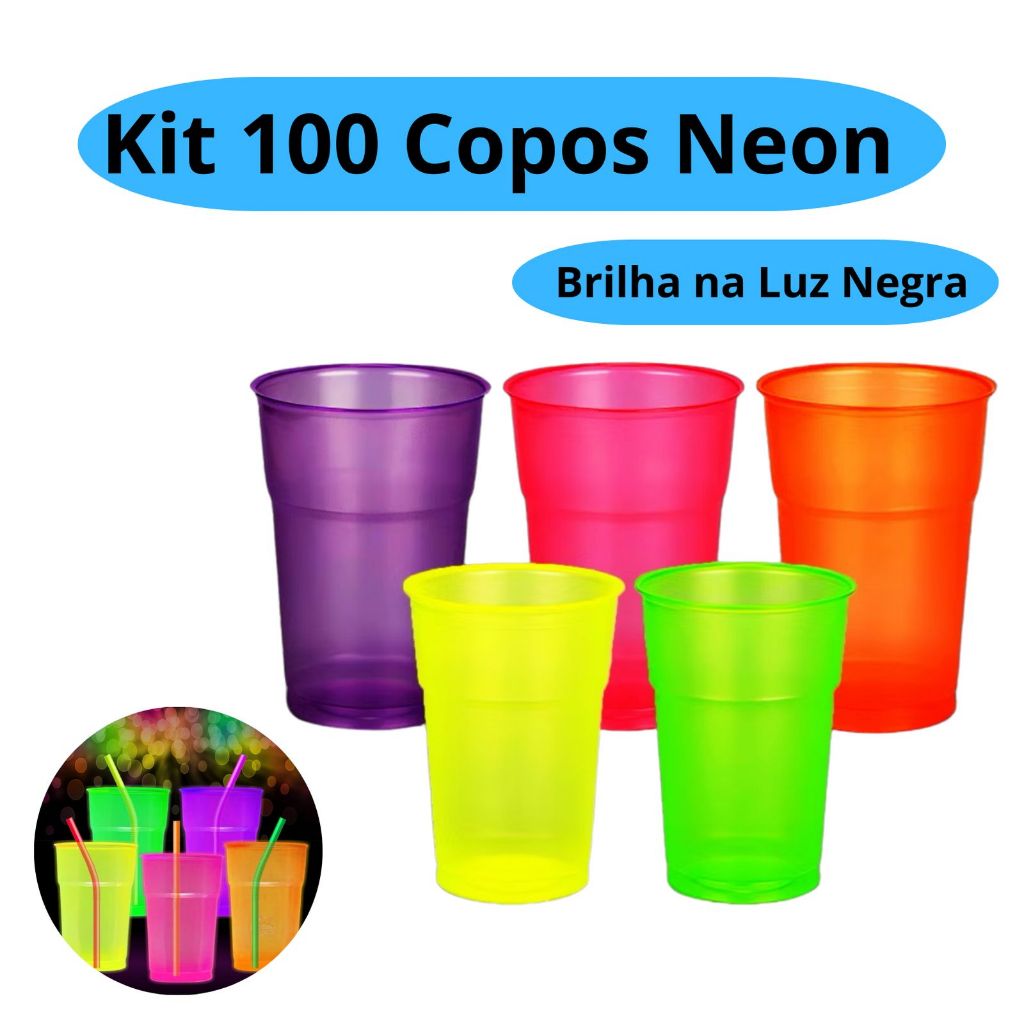 Kit 100 Copos Neon 300ml  Premium Descartável Par