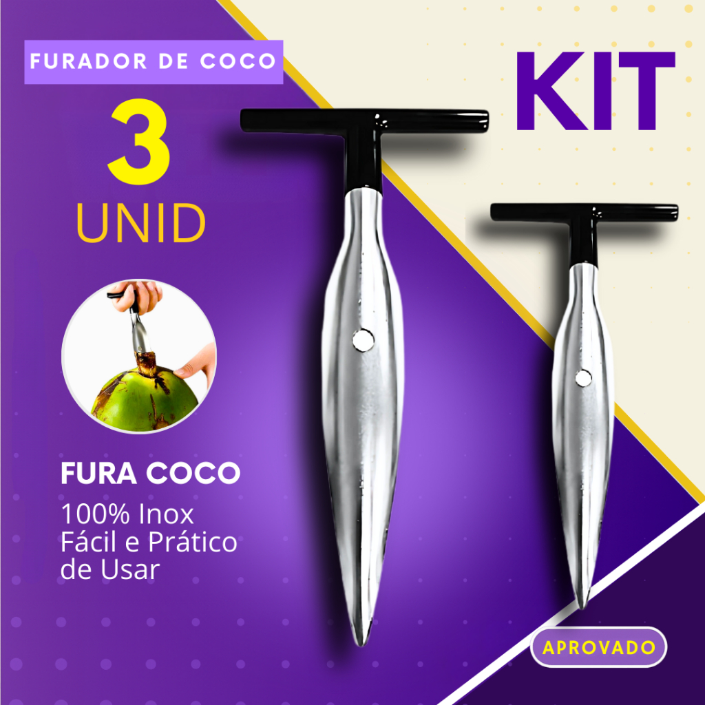 Furador de Coco Inox Kit 3, 2 ou 1 Peça Abridor F