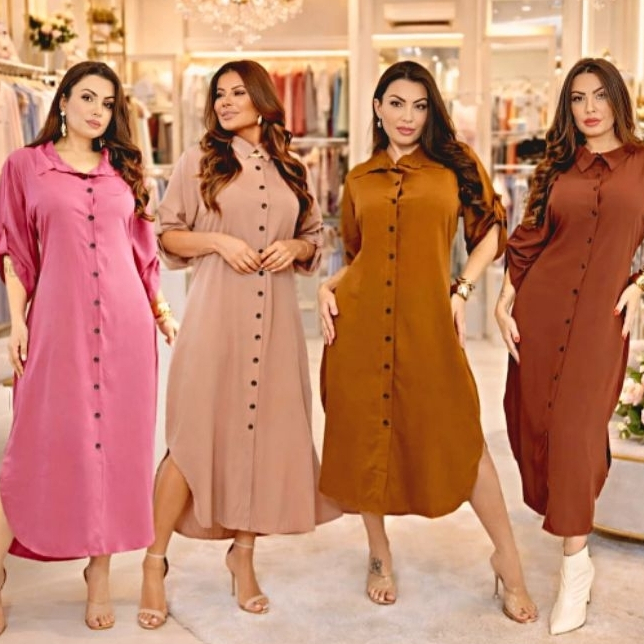 Vestido Femenino Longo Midi, Chemise Con Botões, 