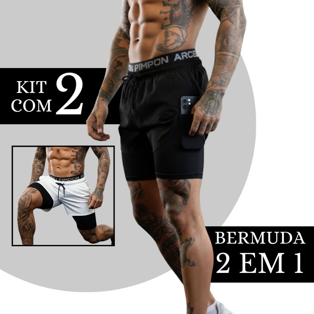 Kit 2 Bermuda De Homem Shorts 2 em 1 Para Academia