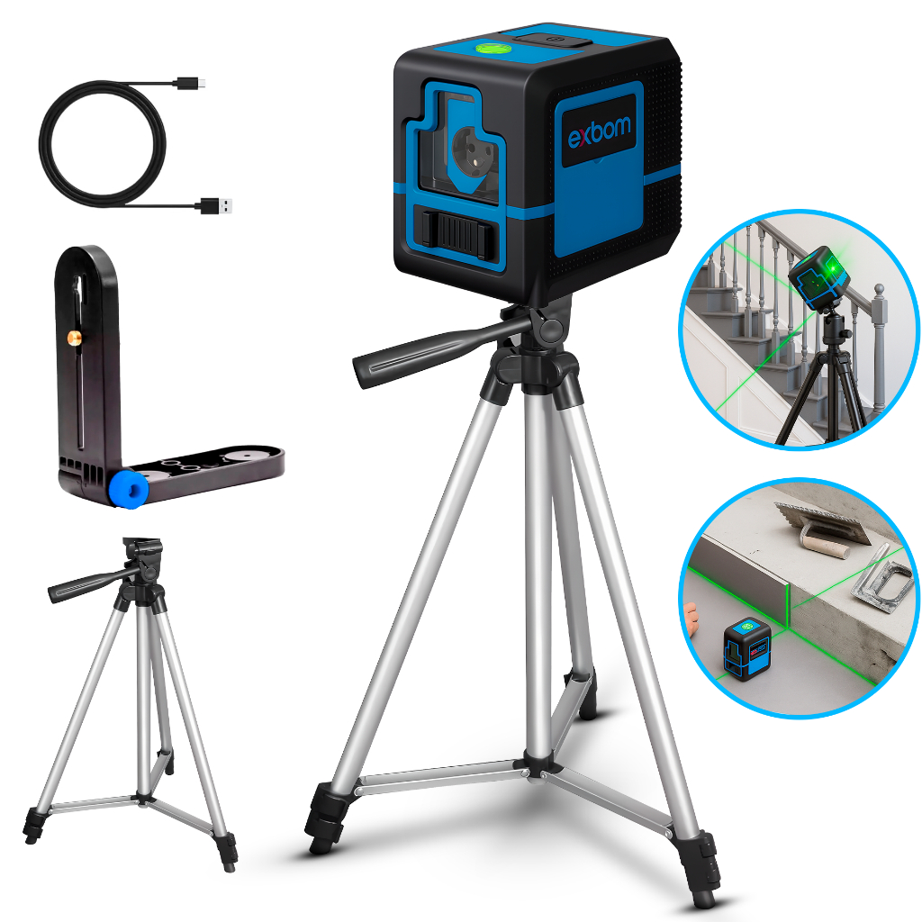 Nível A Laser Verde 2 Linhas + Tripé + Esquadro 