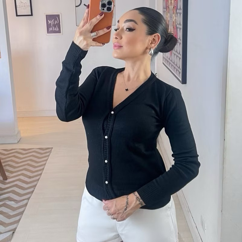 Casaco Tricot Lisa Com Botões Elastano