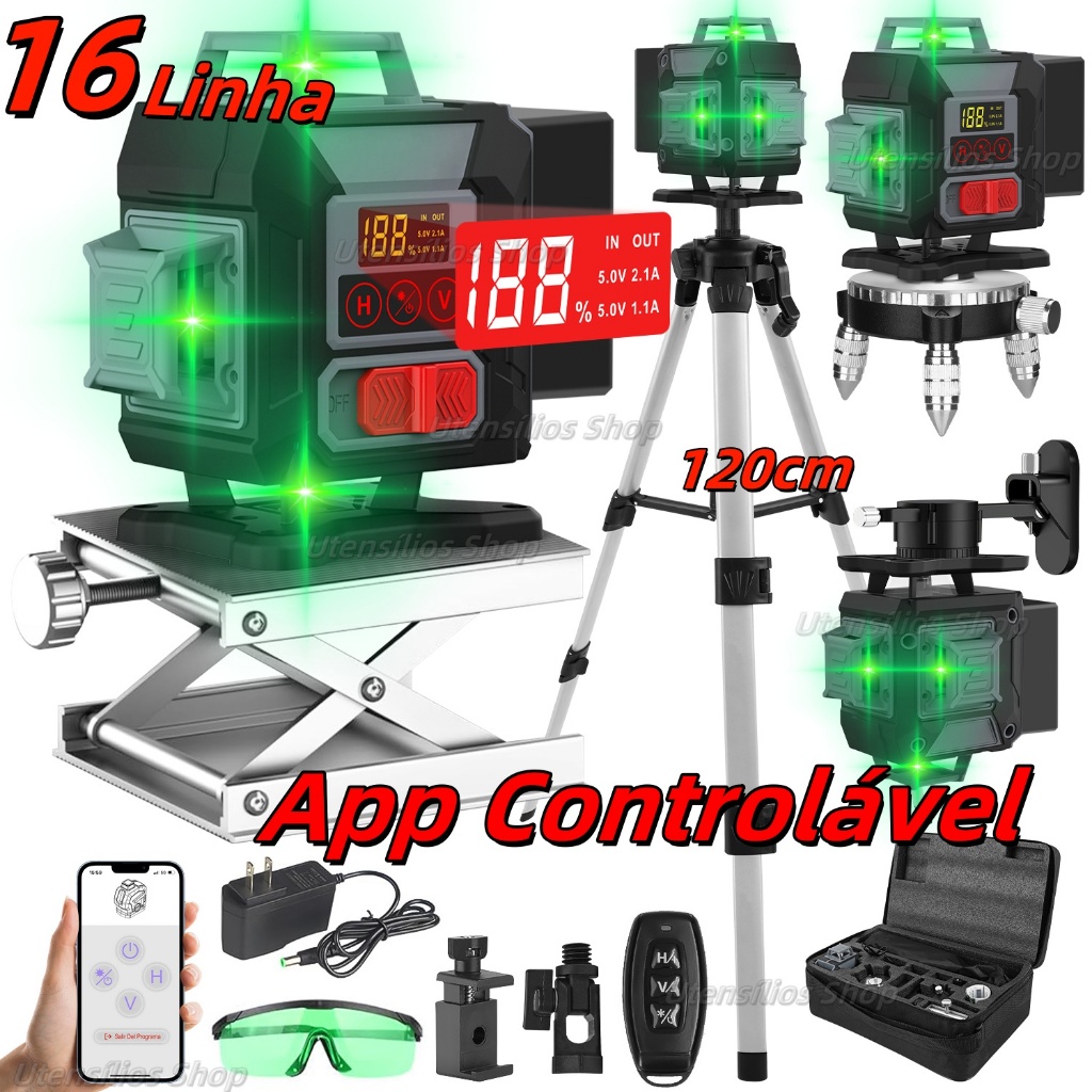 Nível Laser Verde 16 Linhas Automático 2 Bateria