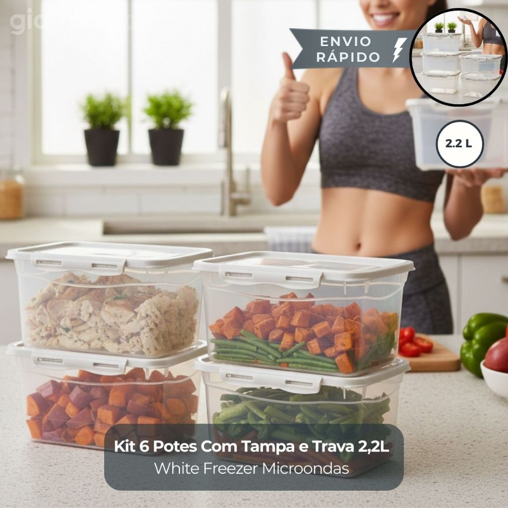Kit 6 Potes Com Tampa e Trava 2,2L Alto Off White 