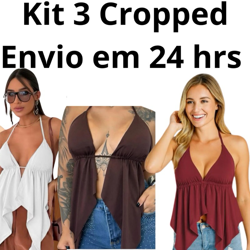kit 3 Conjunto de Cropped Cortininha Blusa Feminin