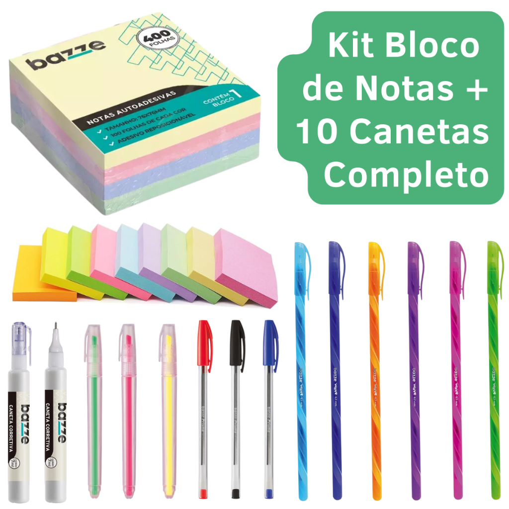 Kit Bloco Adesivo 400 Folhas Canetas Coloridas Mar
