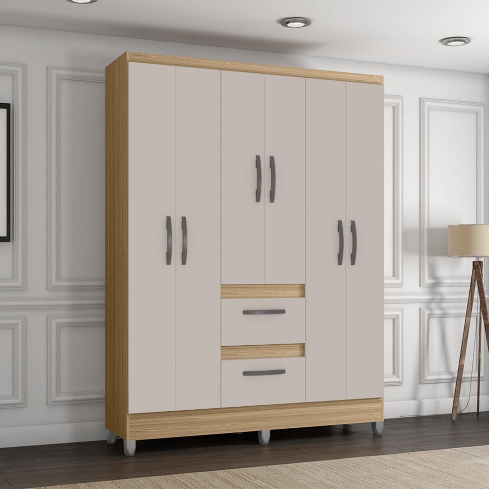 Guarda Roupa Solteiro com Pés 6 Portas 2 Gavetas 
