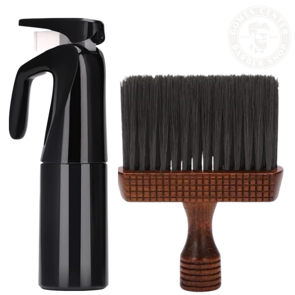 Kit Barbeiro Espanador de Madeira + Borrifador Pre