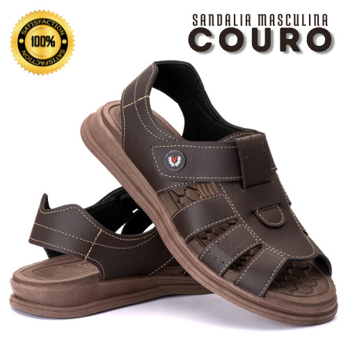 Sandália Masculina Couro Ortopédica Fechada Sola