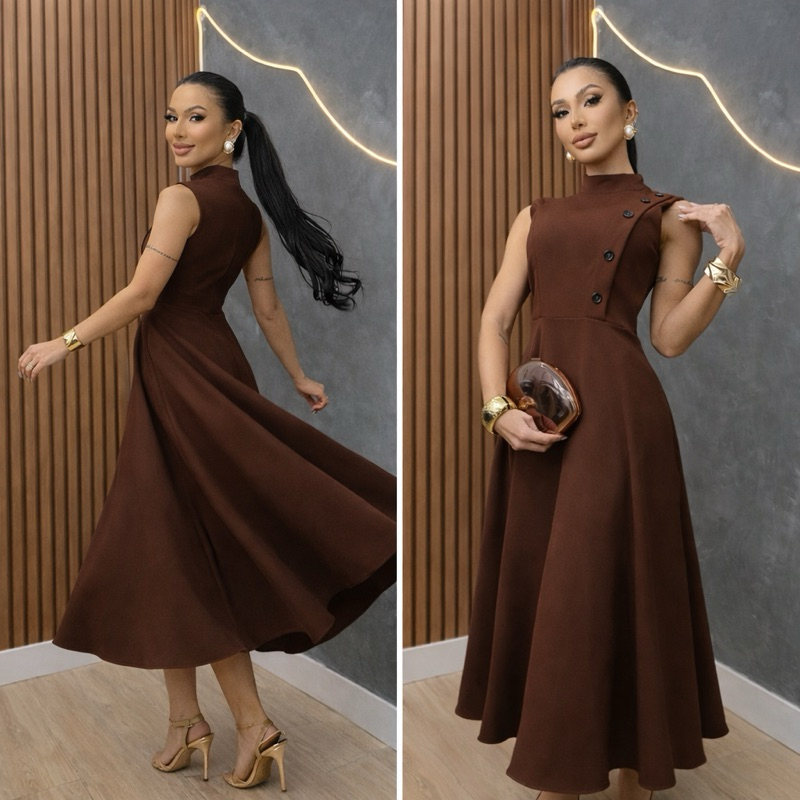 Vestido Mídi Feminino Elegante Alfaiataria Festa 