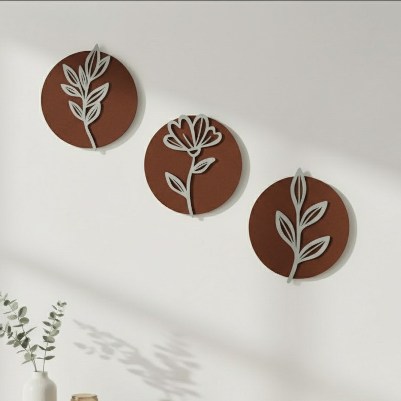 Kit com 03 Quadros  Redondos Marrom – MDF
