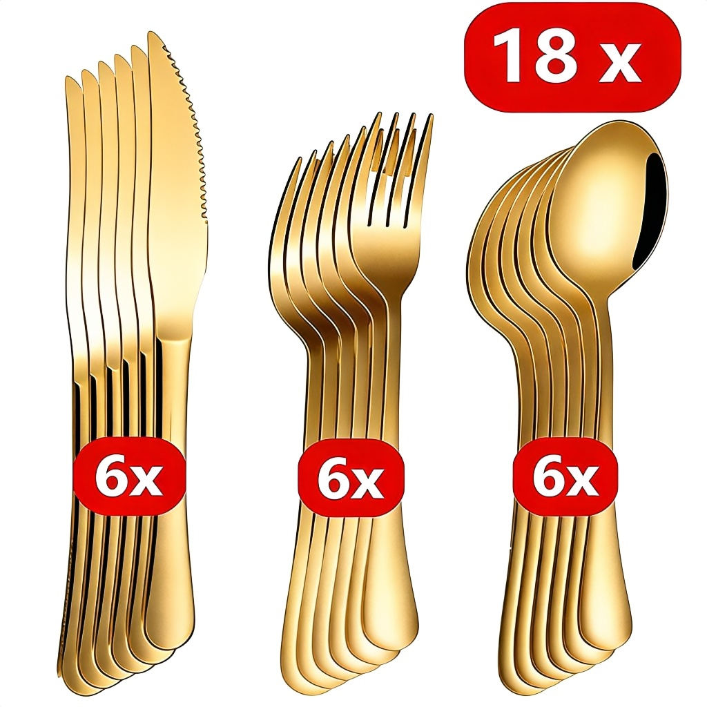 18 Peças Talheres Ouro De Aço Inox Garfo Colher 