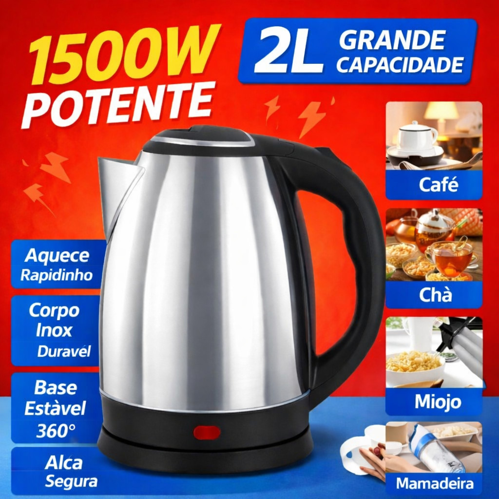 Chaleira Elétrica Inox 2L 1500W | Ferve Rápido, 