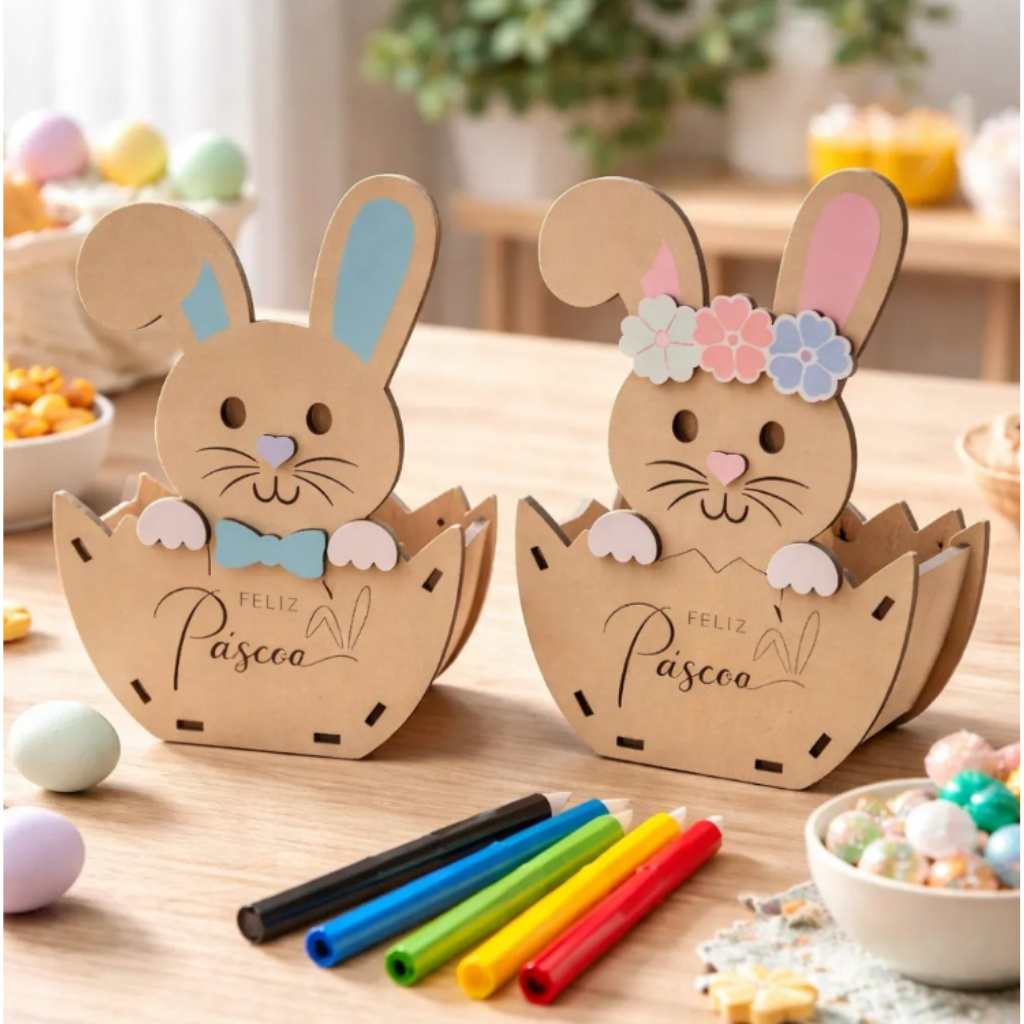 Kit 10 Cestas Coelho MF Páscoa Mdf 3mm Cru Para P