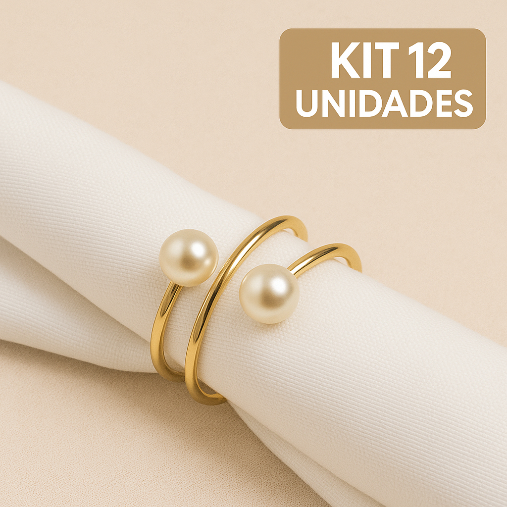Kit 12 Anel Porta Guardanapos Dourado com Pérola 