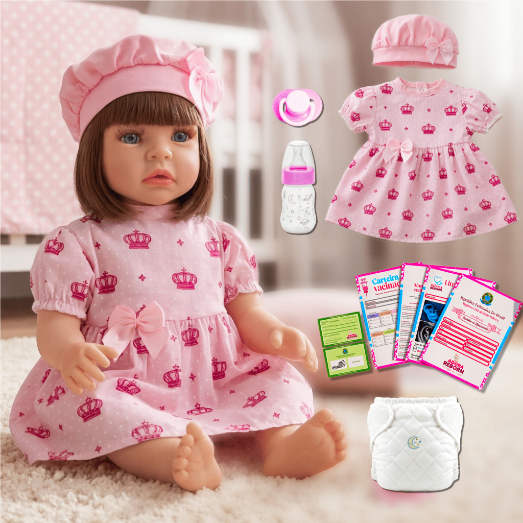 Boneca Bebê Reborn Vestido Coroa Rosa Realista Em