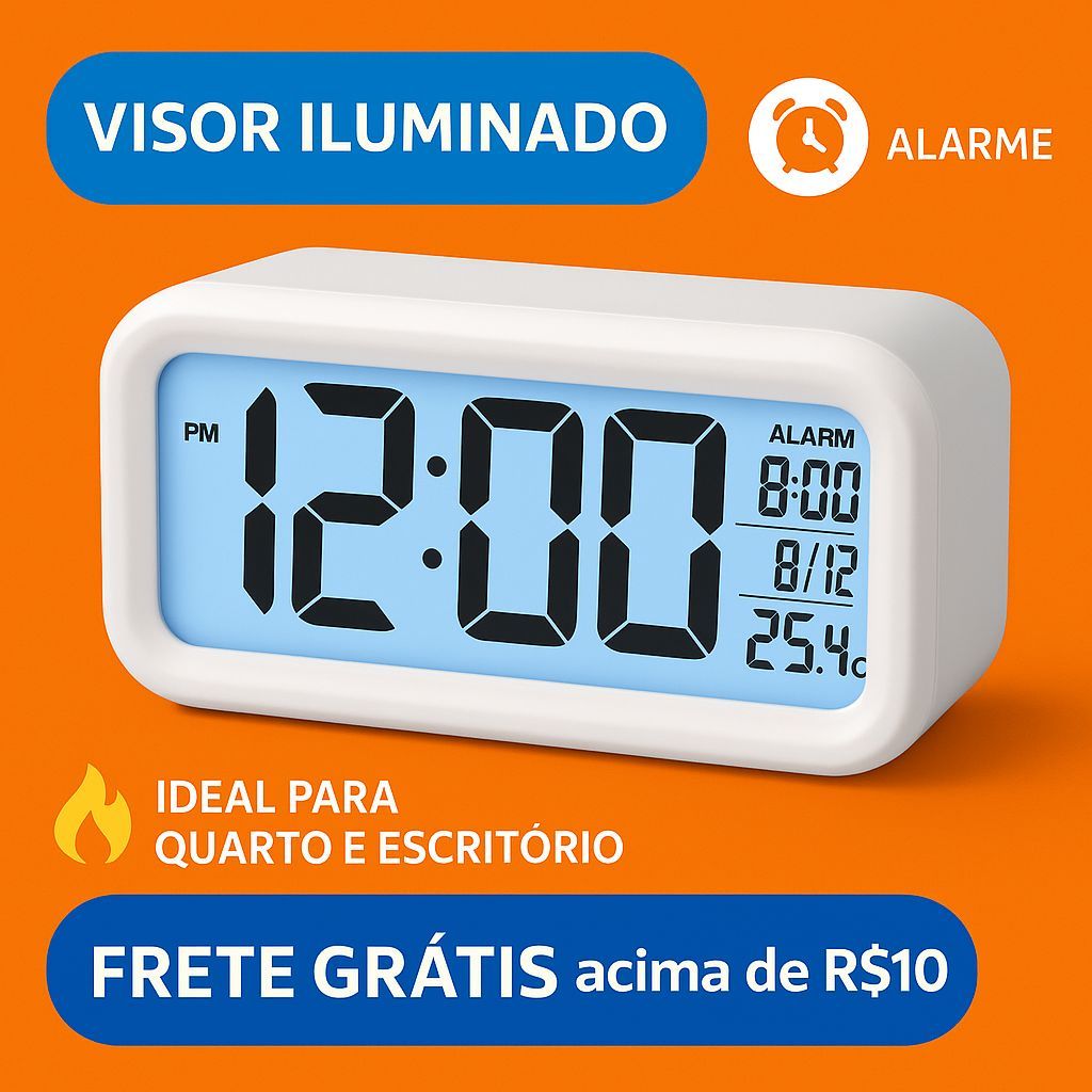 Relógio Digital Despertador com Data Hora e Tempe