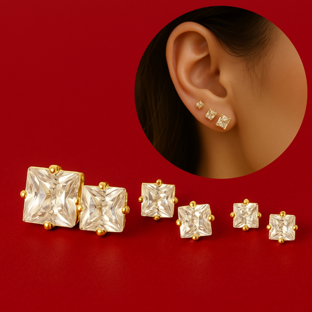 [ SEMI JOIA ] Kit Trio Brincos Ponto de Luz Quadra