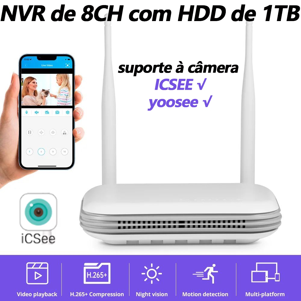 Gravador De Vídeo NVR WiFi de 4/8 canais com HDD 
