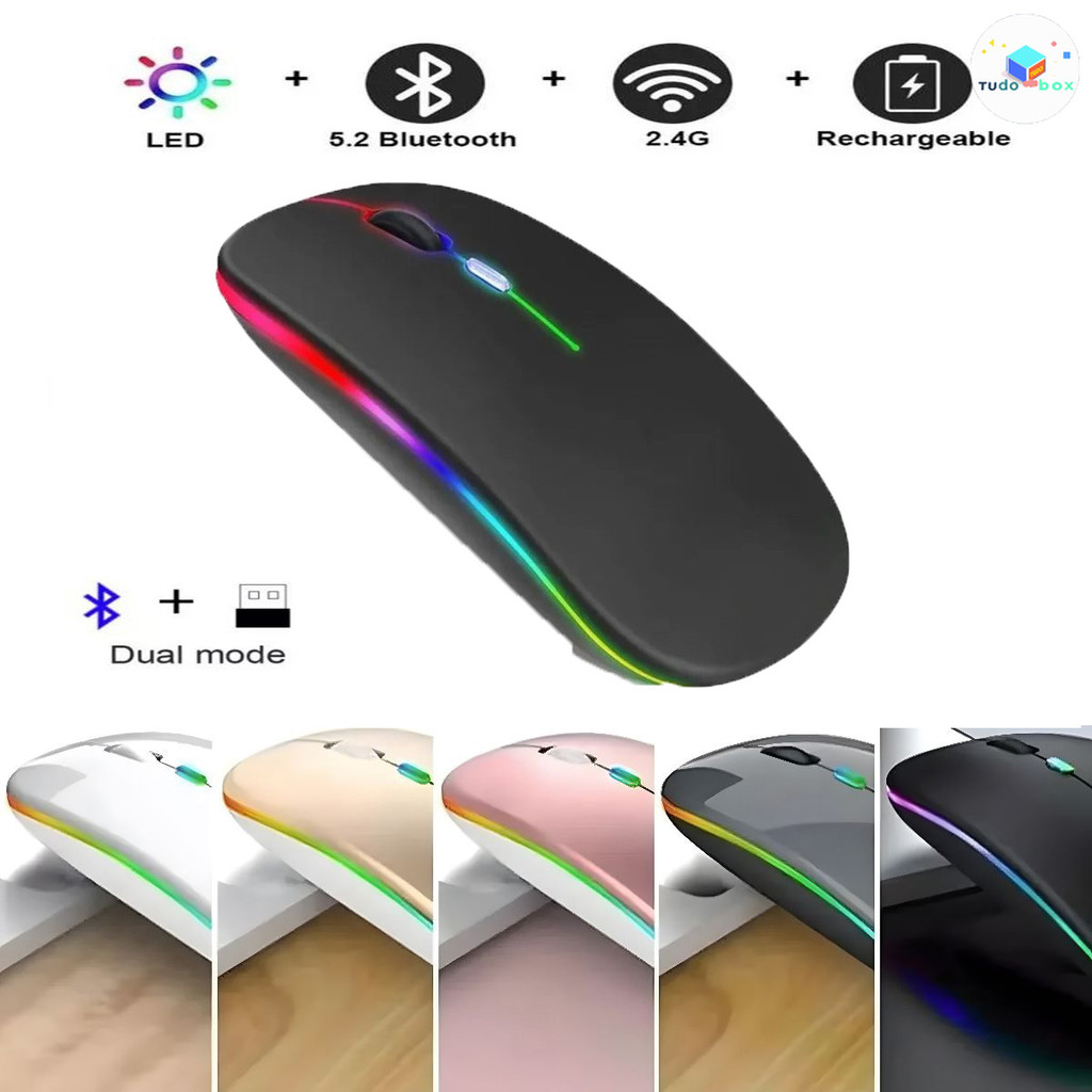 Mouse LED RGB Recarregável Sem Fio Com Clique Sil